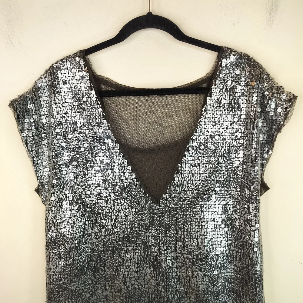 Free People Sequin Mini Dress Womens Medium Sheer Mesh V-Neck Party Glam Silver